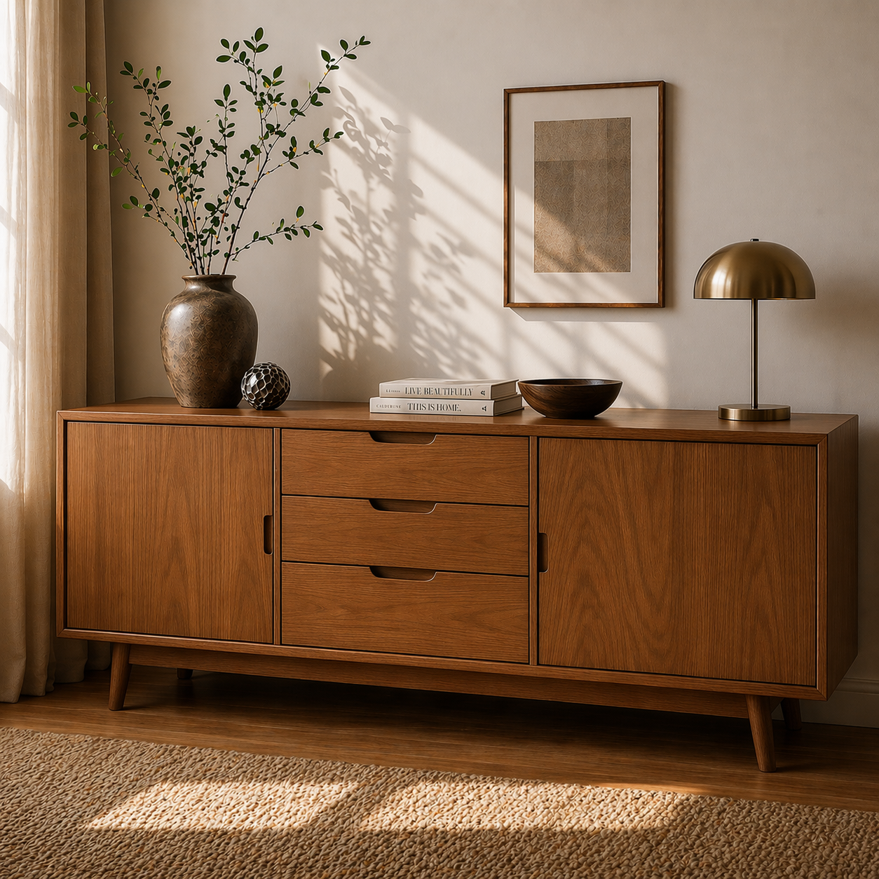 Mid Century Solid Wood Sideboard Cabinet with Drawers & Doors Storage