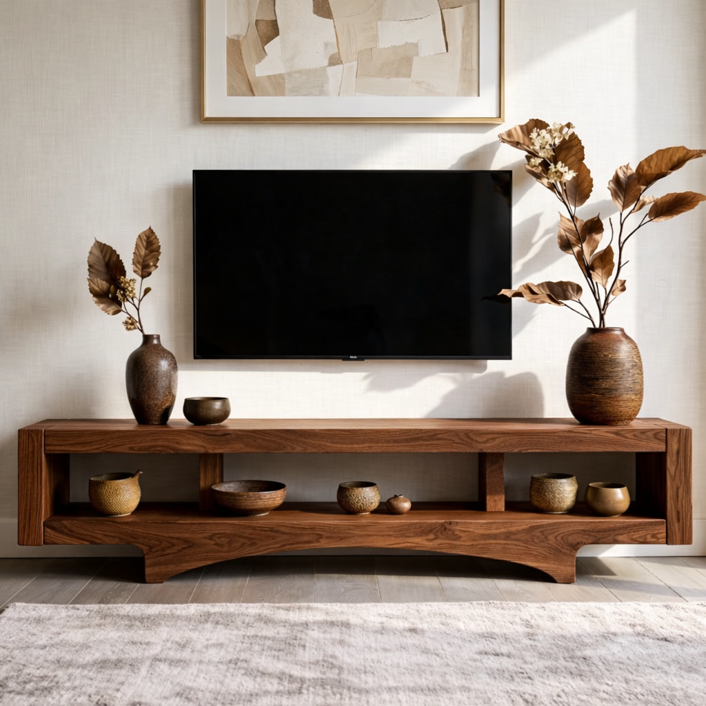 Solid Wood TV Stand with Open Shelf, Minimalist Low Profile Media Console