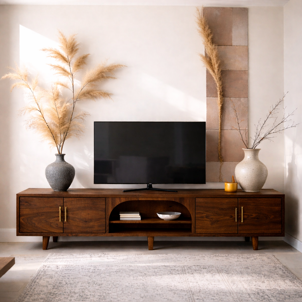 Solid Wood Media Console with Arched Shelf – Modern TV Stand with Storage