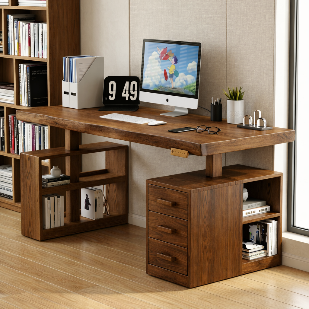 Modern Writing Desk with Drawers and Shelves, Home Office Computer Workstation Table