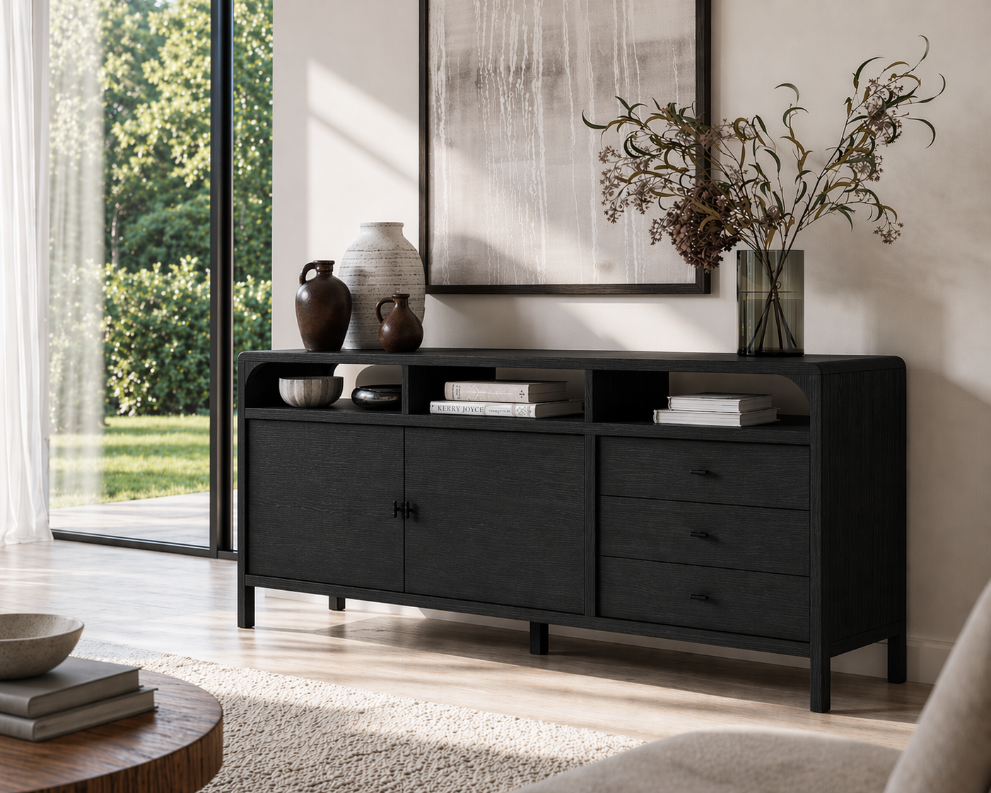 Modern Solid Wood Console Sideboard – Walnut Storage Cabinet for Living Room
