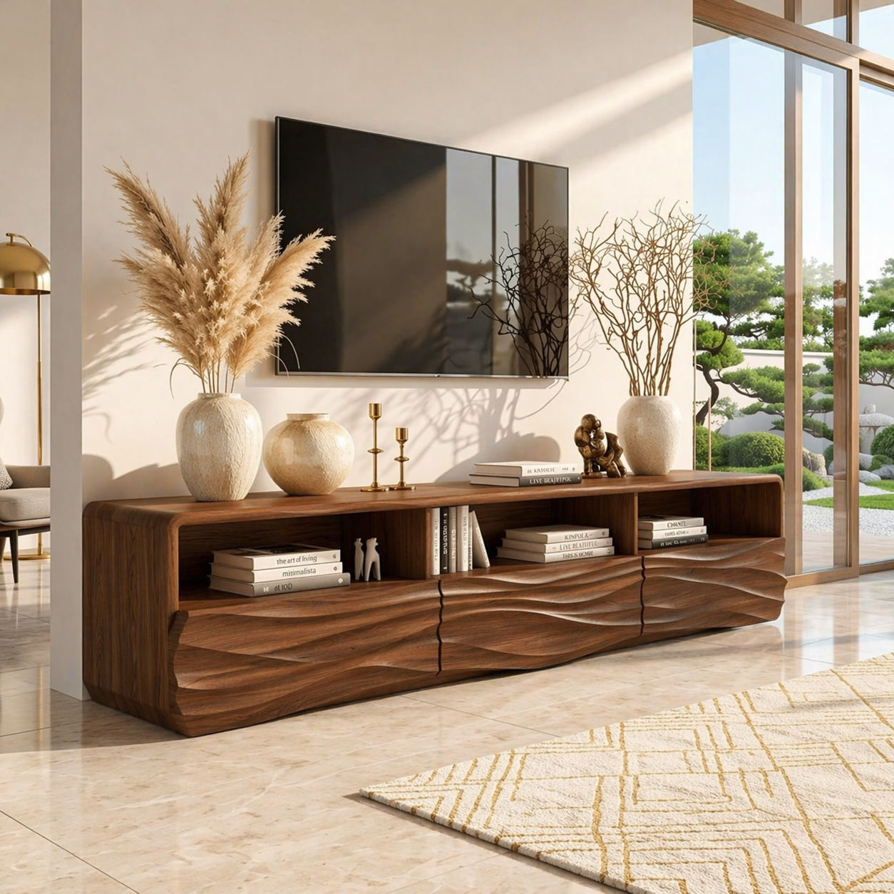 Modern Wave TV Console, Sculptural Entertainment Cabinet for Luxury Home Interiors