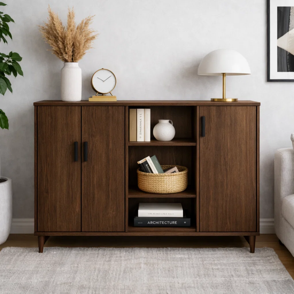 Solid Wood Console Cabinet with Double Doors & Open Shelf Storage – Modern Design