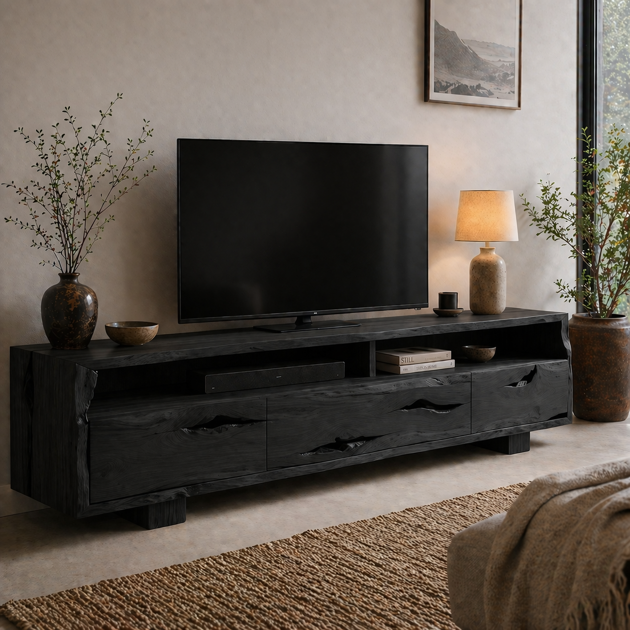 Solid Wood Media Console with Live Edge, Rustic Modern TV Stand with Storage