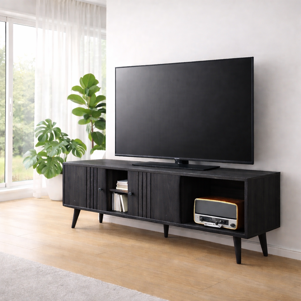 Mid Century Solid Wood TV Console with Fluted Doors & Open Shelf