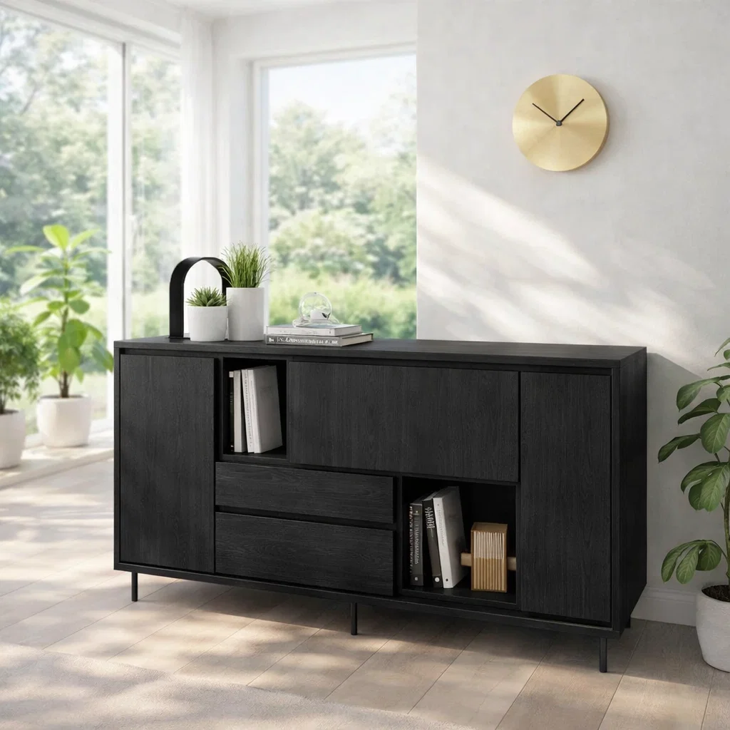 Modern Sideboard Cabinet with Drawers and Open Storage
