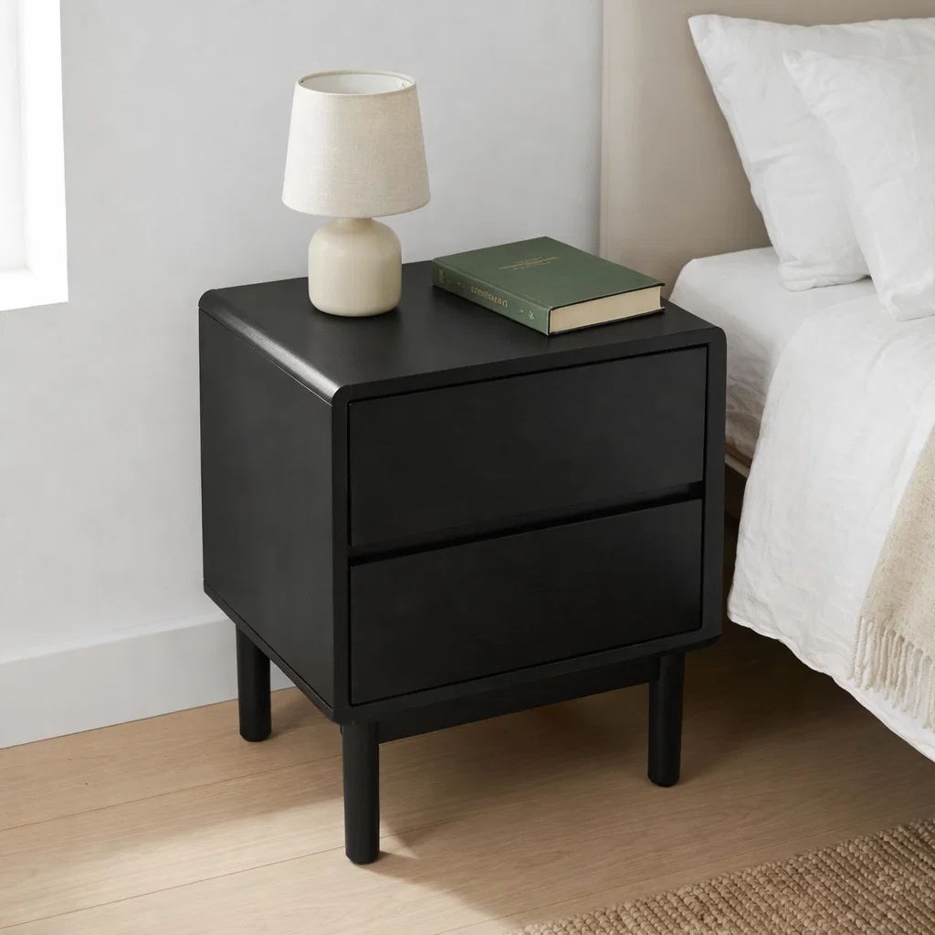 Solid Nightstand - Minimalist Mid-Century Modern Bedside Table with Drawers