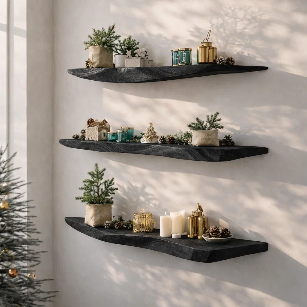 Decorative black shelves with plants and candles against a white wall