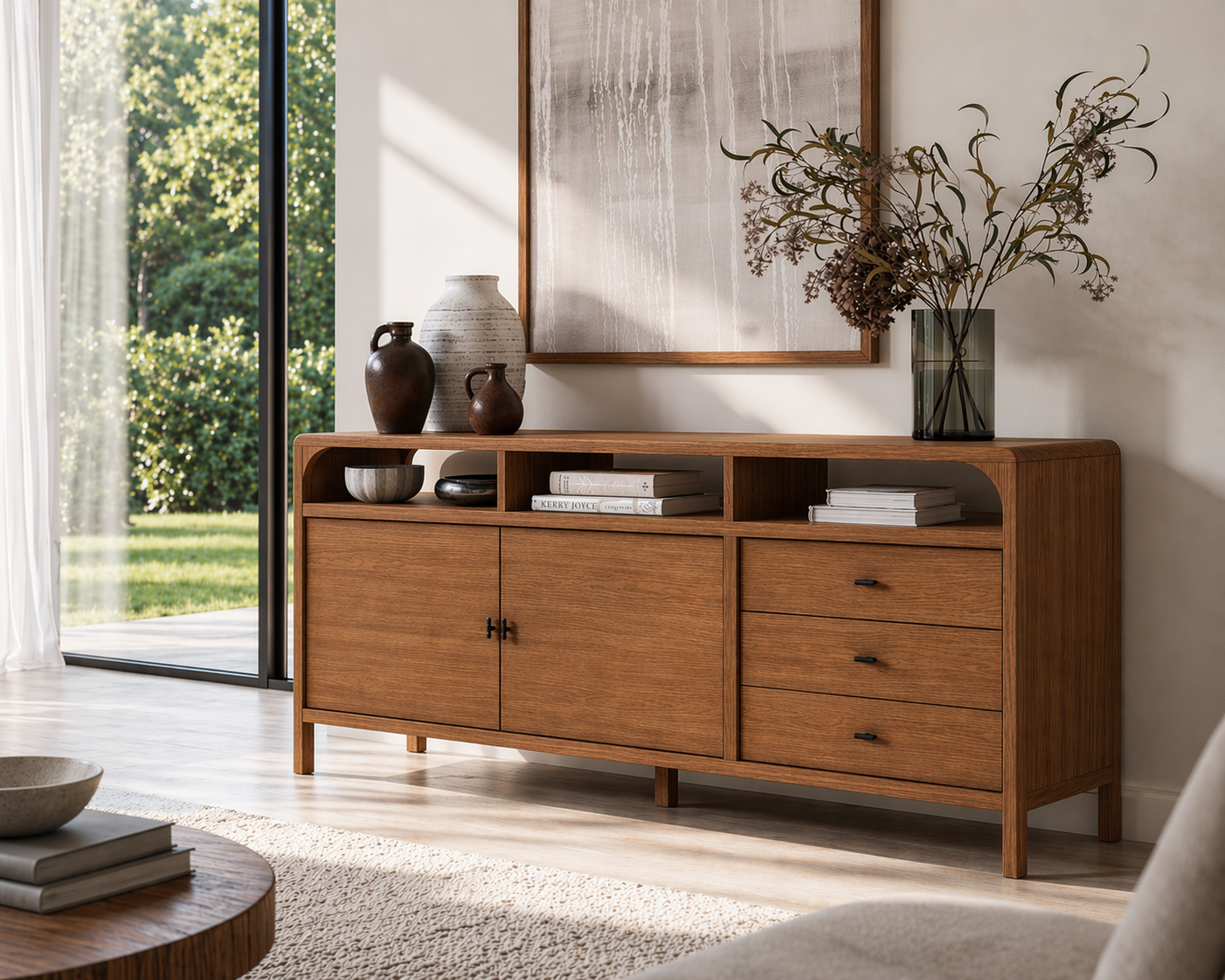 Modern Solid Wood Console Sideboard – Walnut Storage Cabinet for Living Room