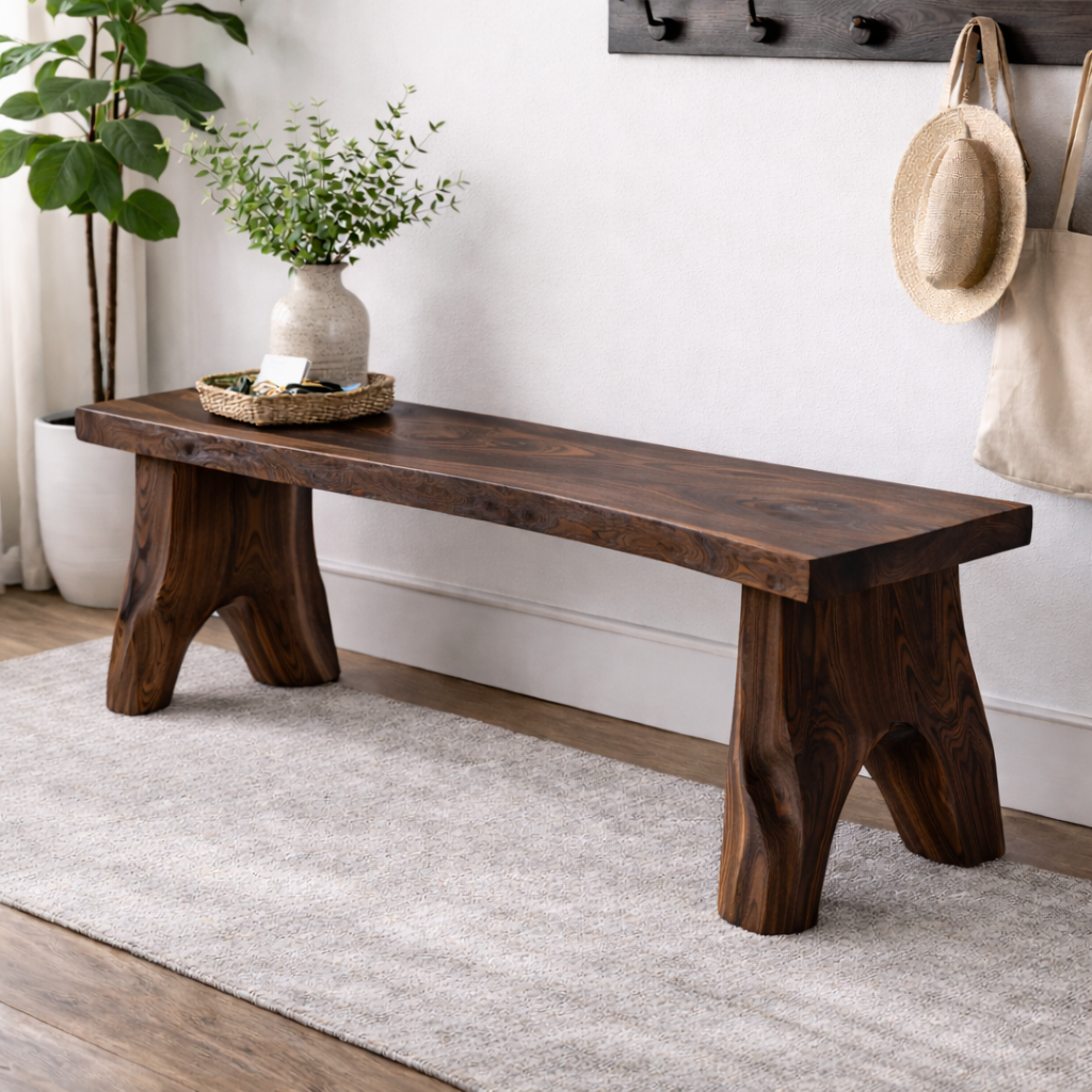 Live Edge Solid Wood Entryway Bench | Organic Design with Unique Legs