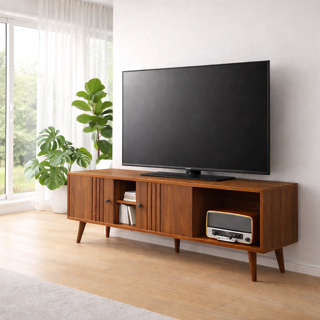 Mid Century Solid Wood TV Console with Fluted Doors & Open Shelf