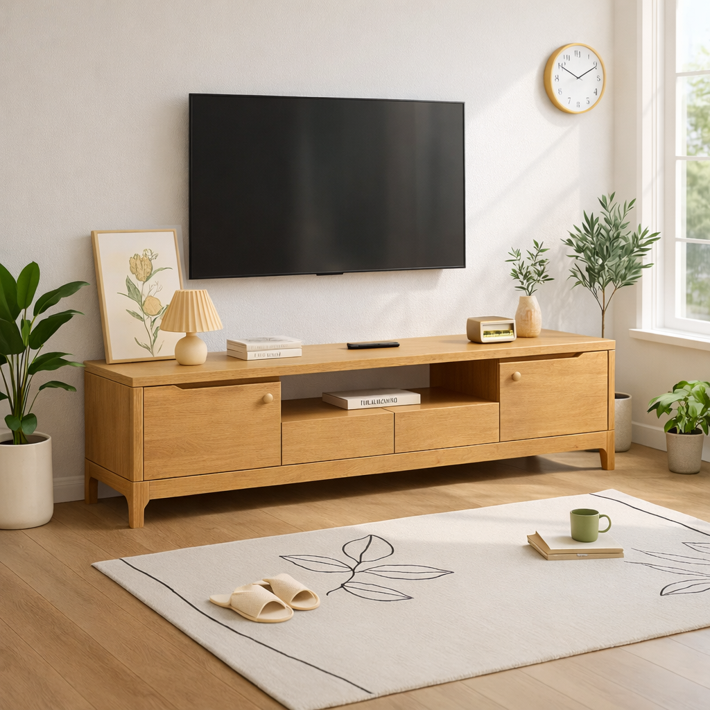 Modern Wood TV Stand Long Media Console With Storage Drawers Low Profile Entertainment Center