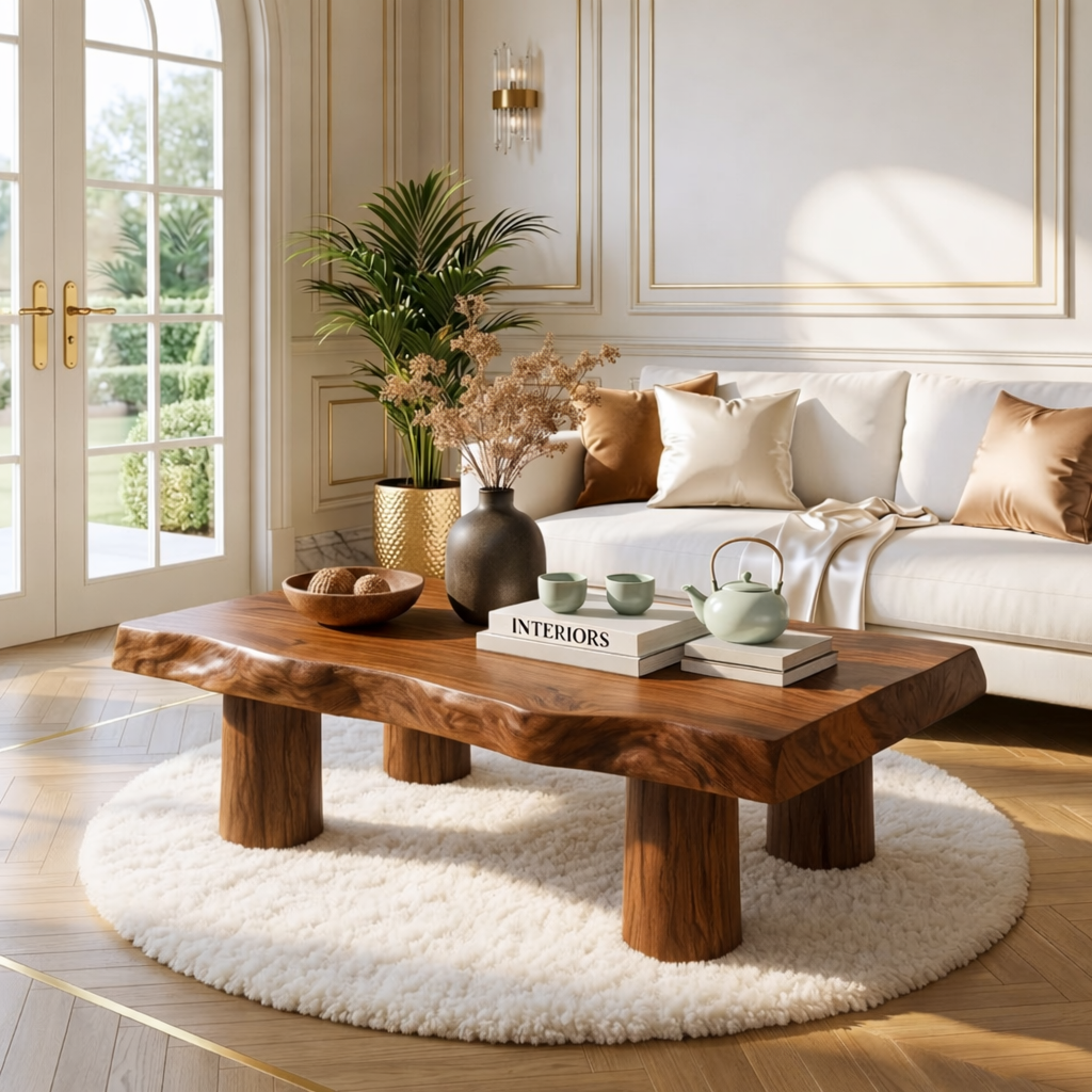 Handcrafted Wooden Coffee Table with Thick Pillar Legs and Natural Finish