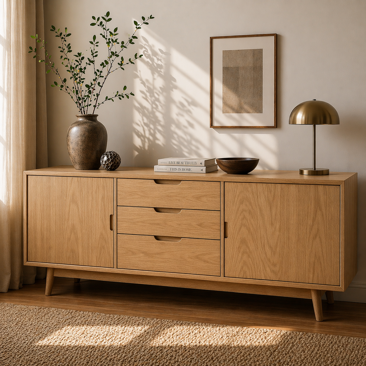 Mid Century Solid Wood Sideboard Cabinet with Drawers & Doors Storage