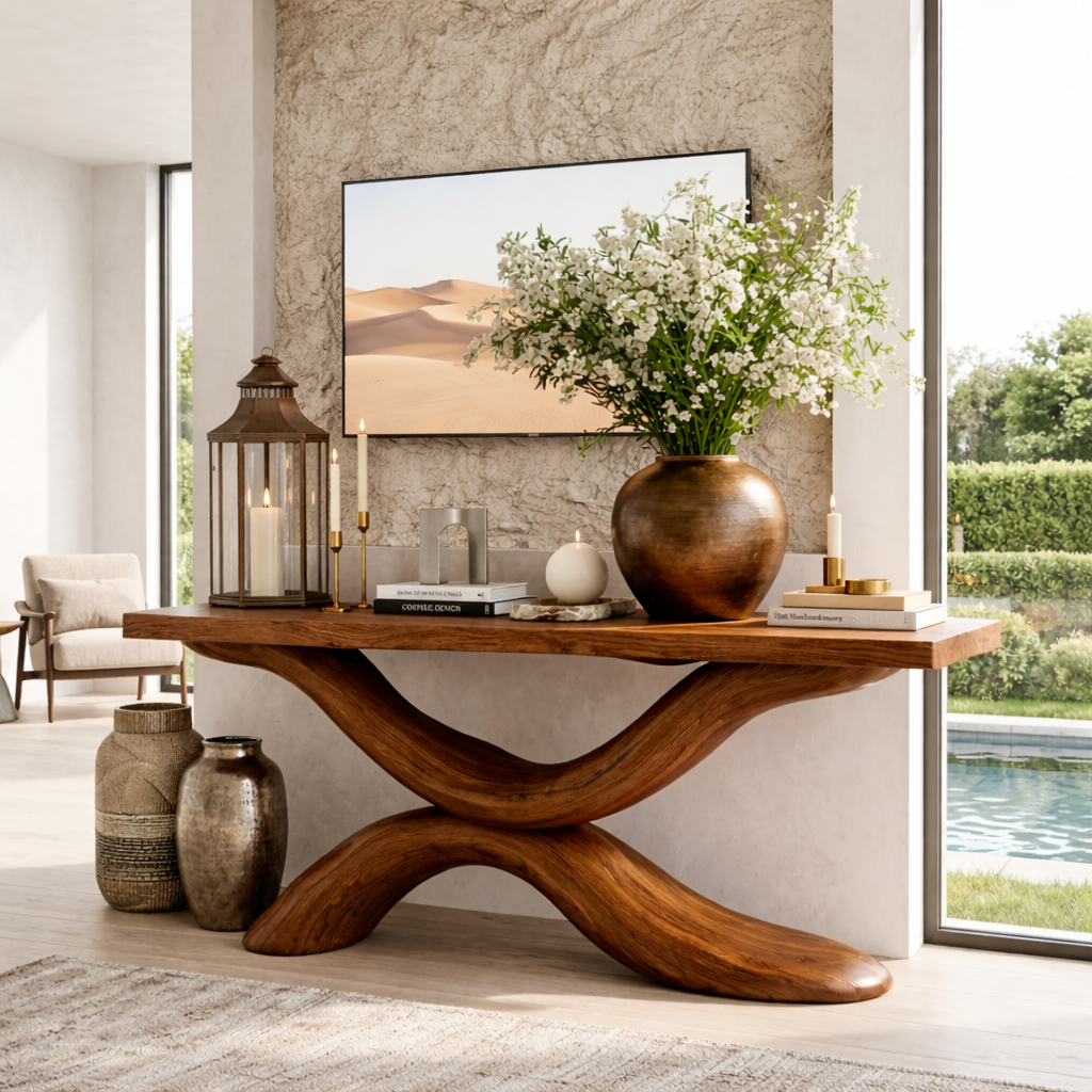 Solid Wood Console Table with Sculpted Curved Base, Modern Elegant Design