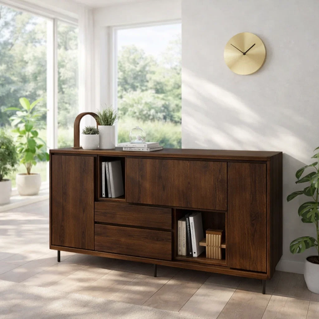 Modern Sideboard Cabinet with Drawers and Open Storage