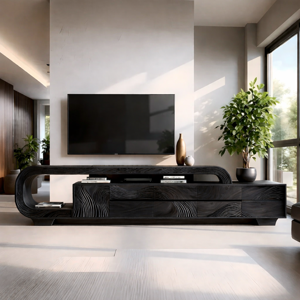 Solid Wood TV Stand Modern Walnut Media Console with Sculptural Curve Design
