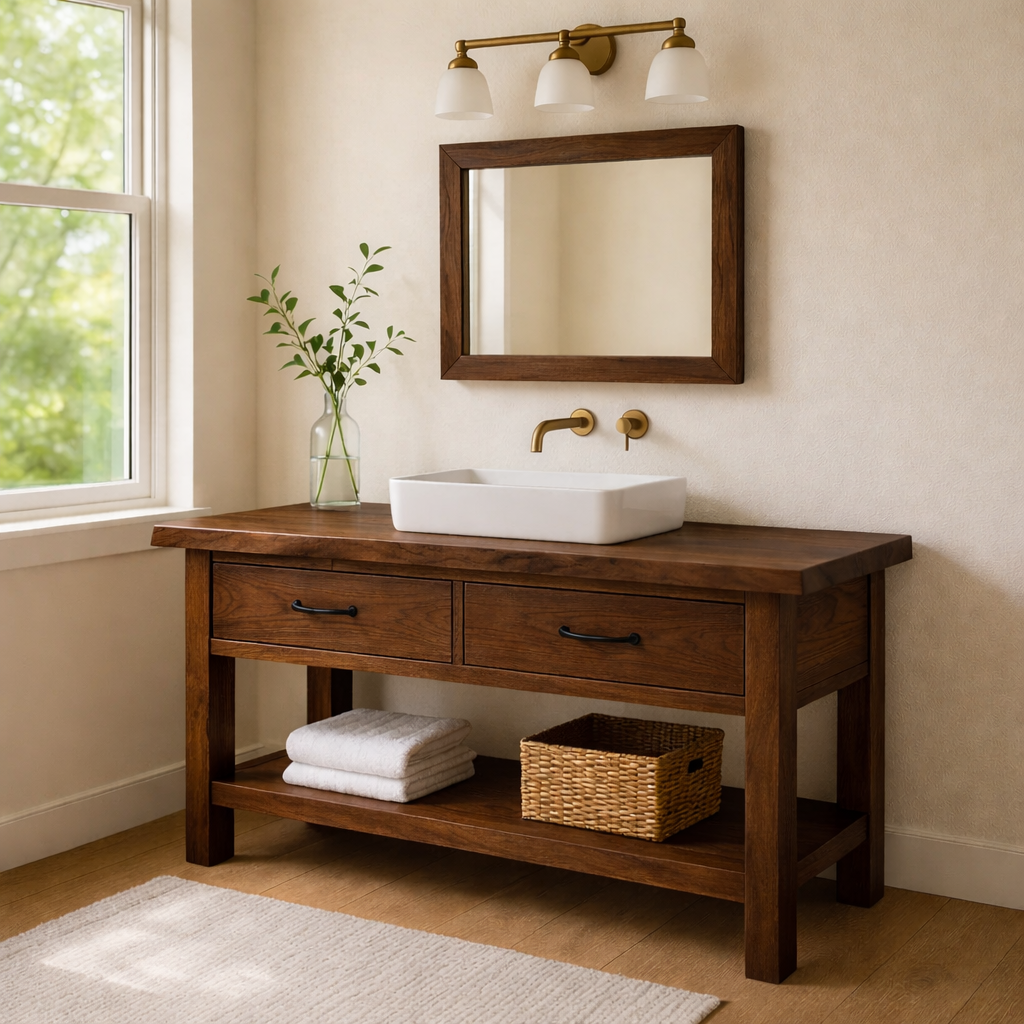 Solid Wood Bathroom Vanity with Drawers and Open Shelf Rustic Farmhouse Vanity
