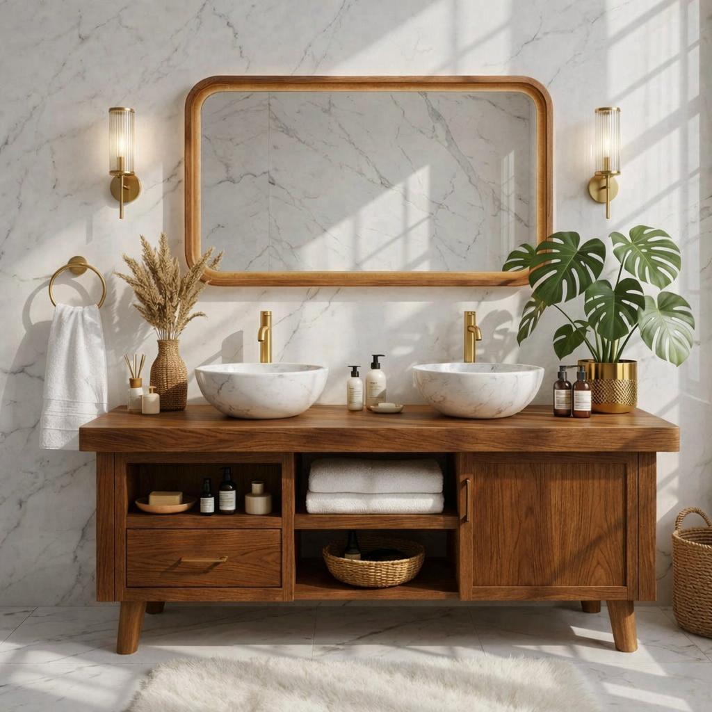 Elegant Modern Wooden Bathroom Vanity with Double Sink Design