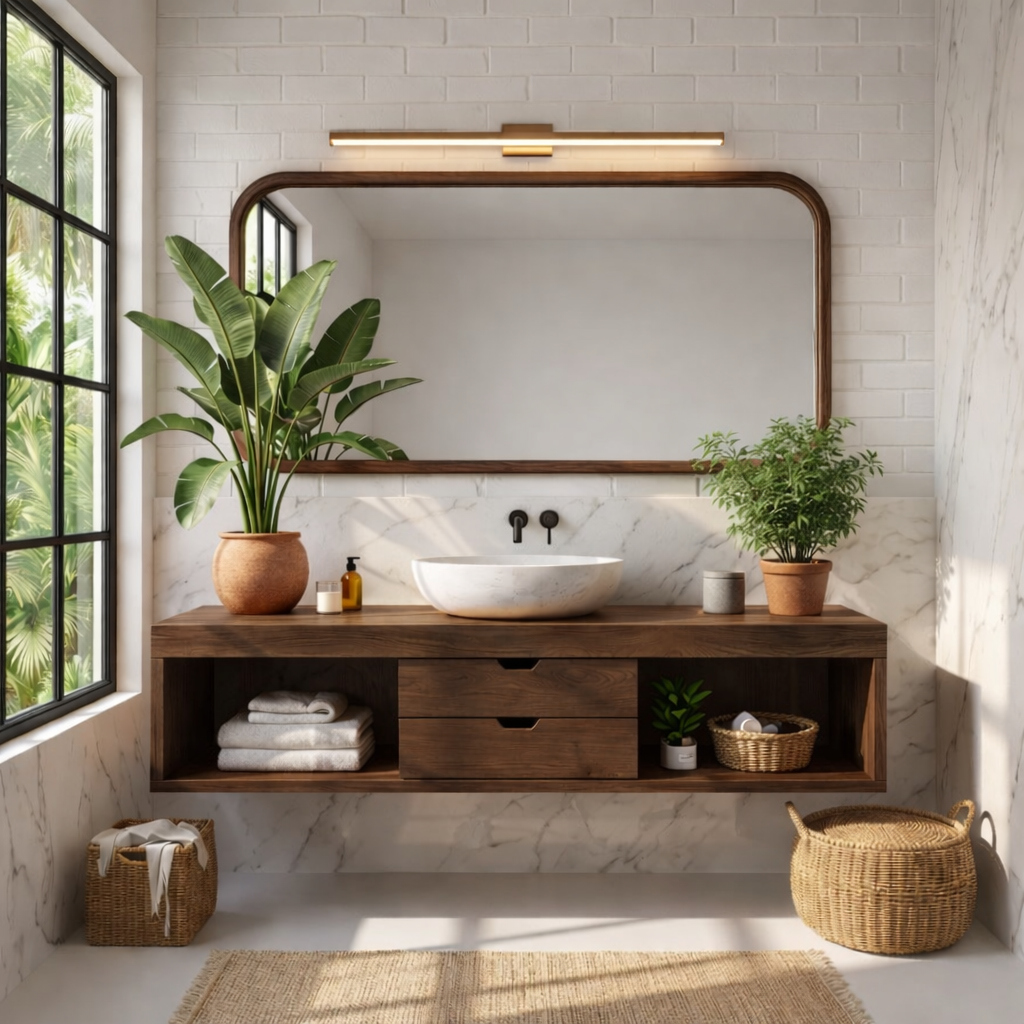 Sleek Oak Floating Vanity with Marble Sink and Ample Storage for Modern Bathrooms