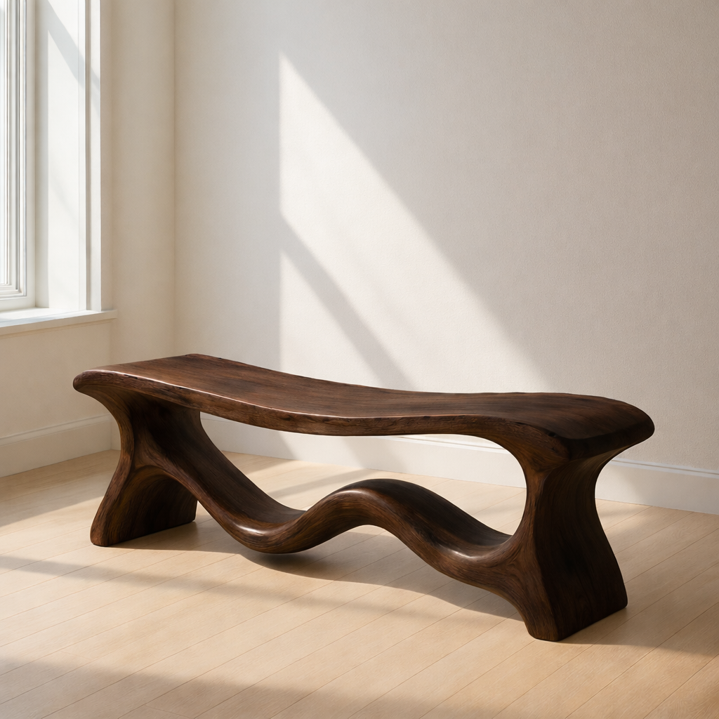 Modern Solid Wood Bench with Artistic Wave Base – Minimalist Wooden Bench