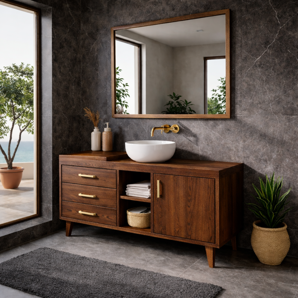 Solid Wood Bathroom Vanity Cabinet with Drawers & Shelf – Modern Walnut Bathroom Storage