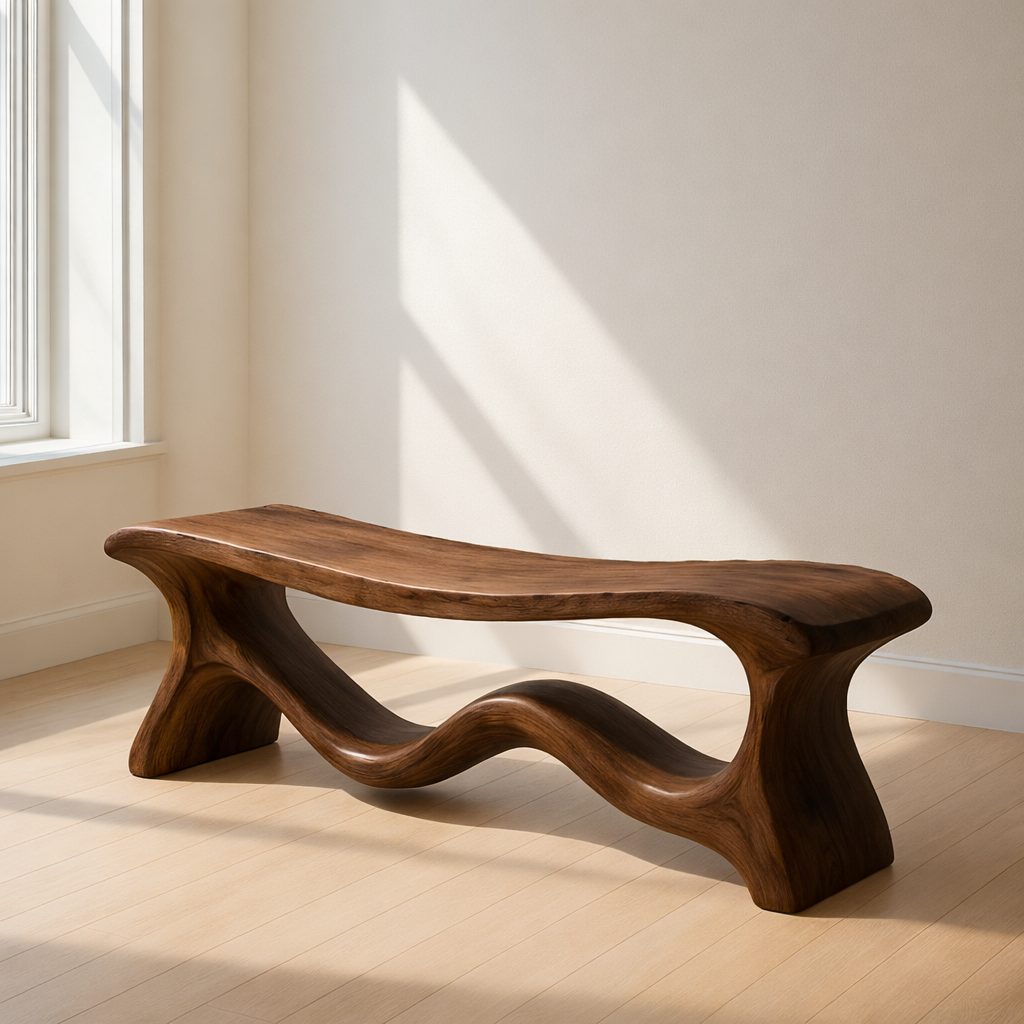 Modern Solid Wood Bench with Artistic Wave Base – Minimalist Wooden Bench