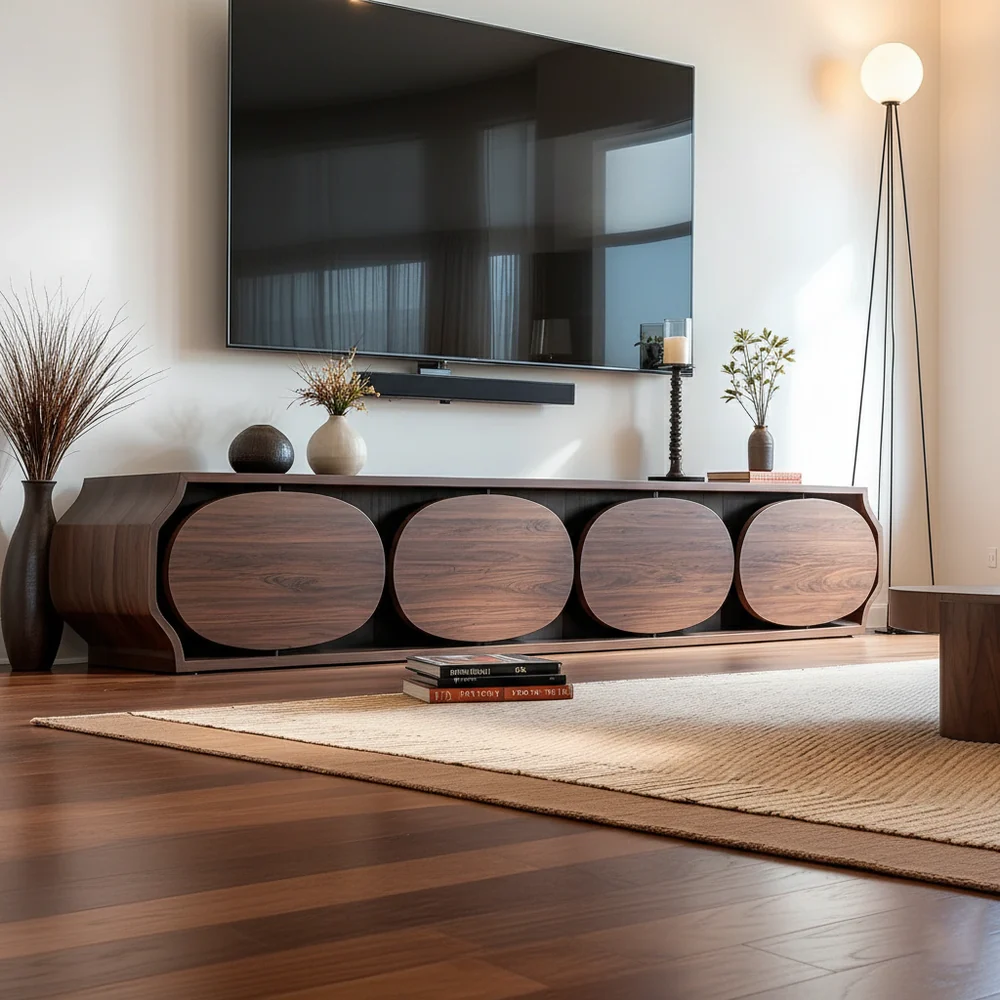 Solid Wood TV Stand Modern Walnut Media Console with Round Panel Doors and Storage