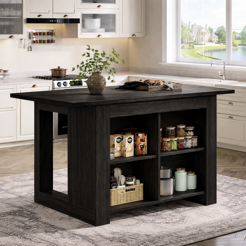 Large Kitchen Island with Open Storage Shelves, Modern Prep Table for Kitchen Dining Space