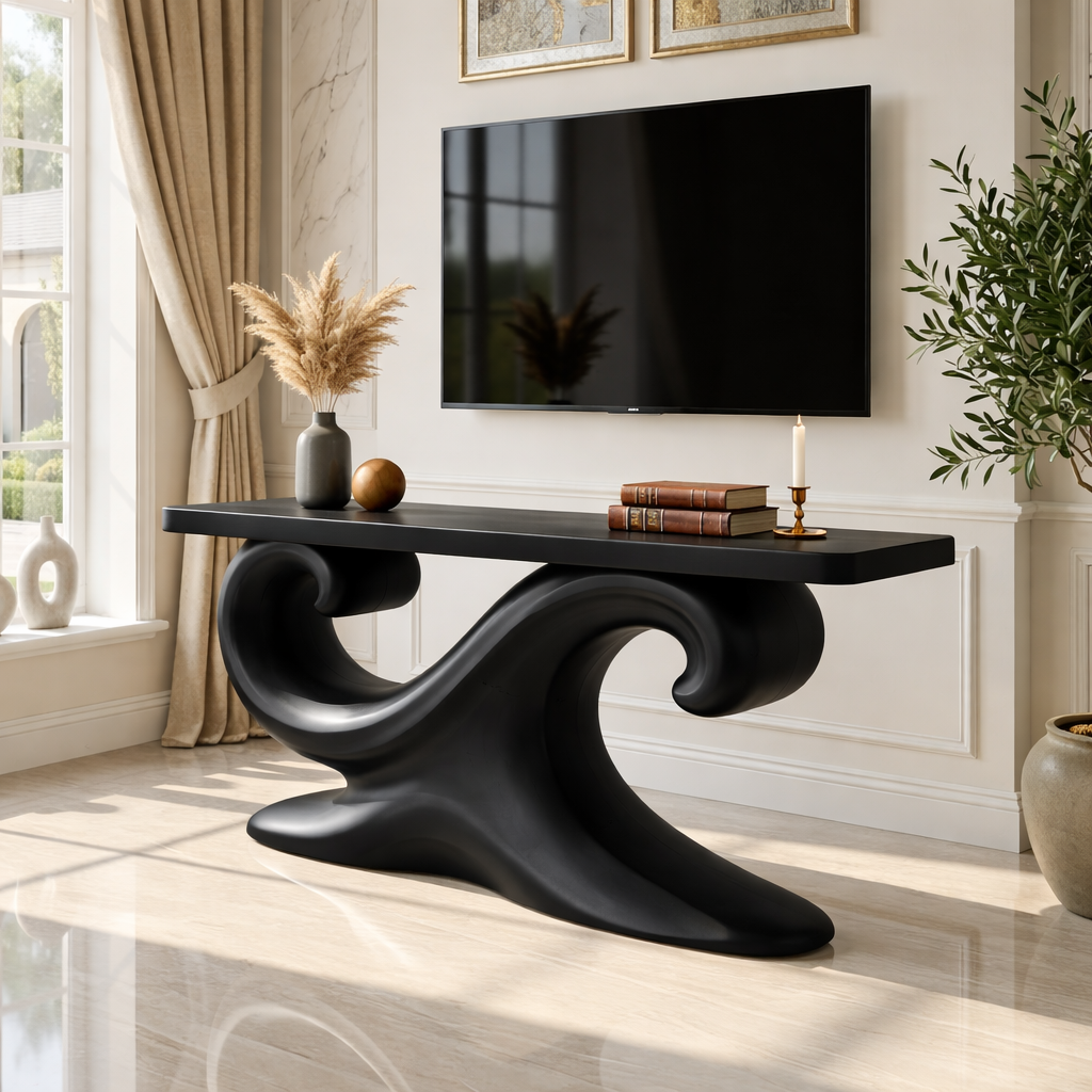 Solid Wood Console Table with Sculpted Curved Base, Artistic Modern Design
