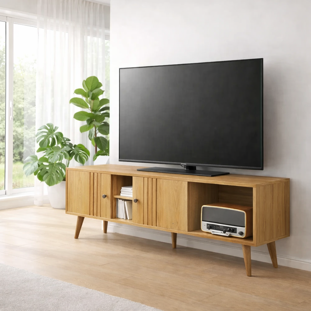 Mid Century Solid Wood TV Console with Fluted Doors & Open Shelf