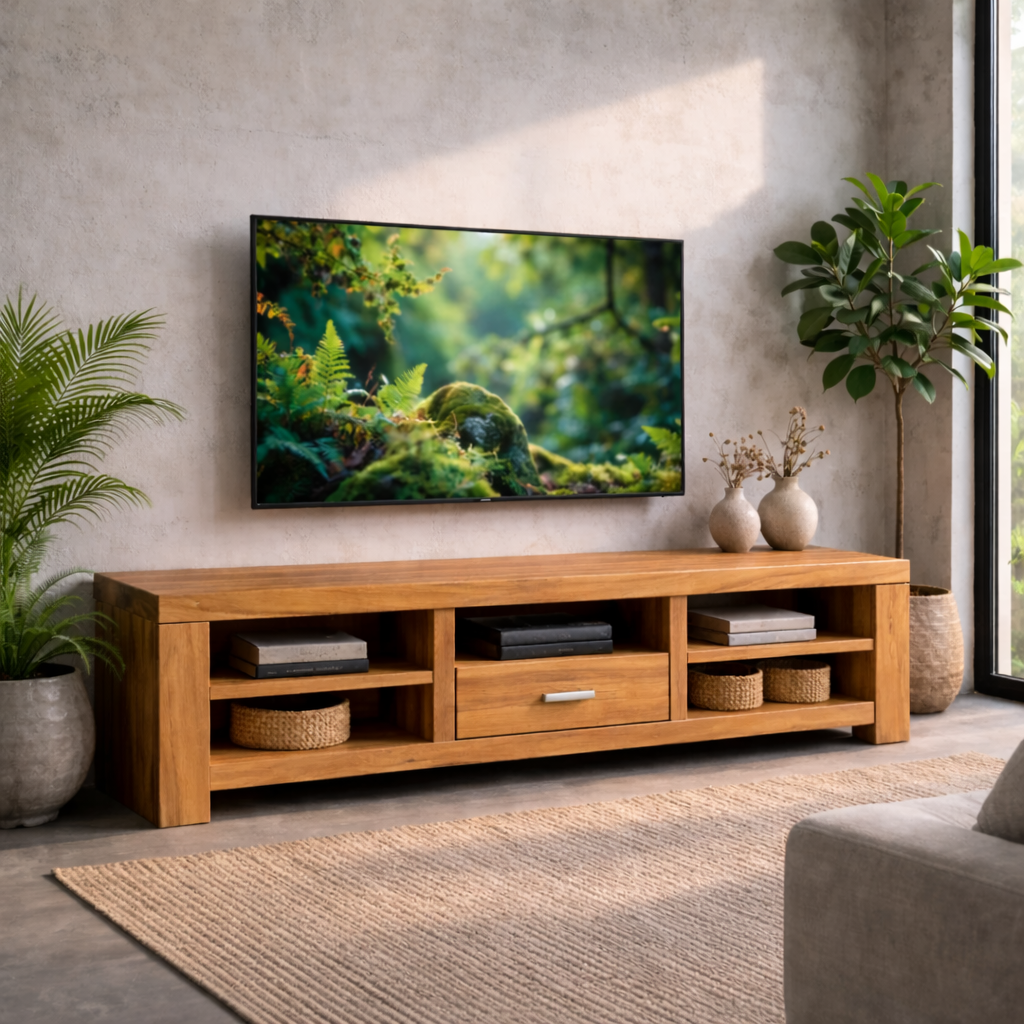 Solid Wood TV Stand with Open Shelves and Drawer – Modern Living Room Media Console