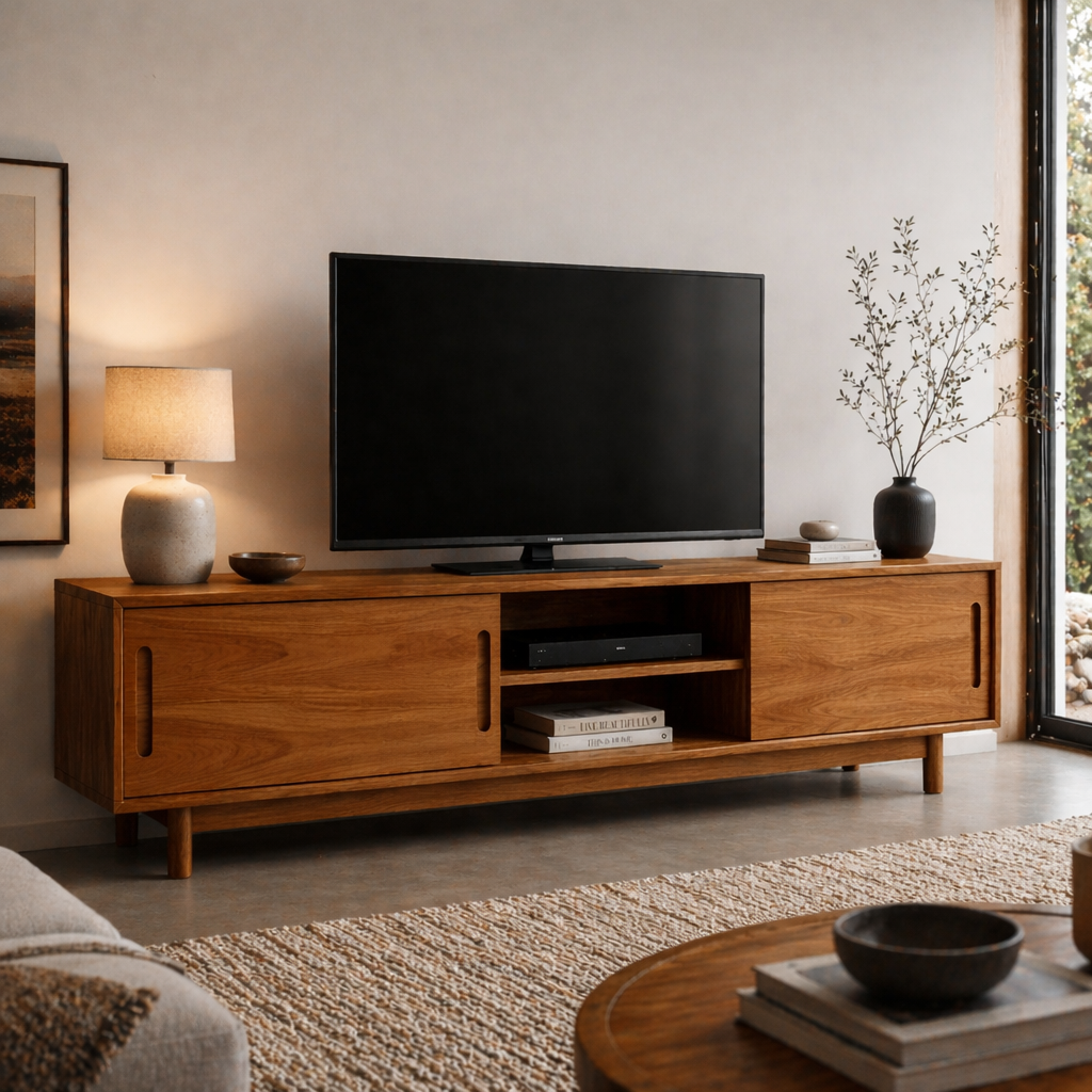 Solid Wood Media Console with Sliding Doors, Mid Century Modern TV Stand Storage