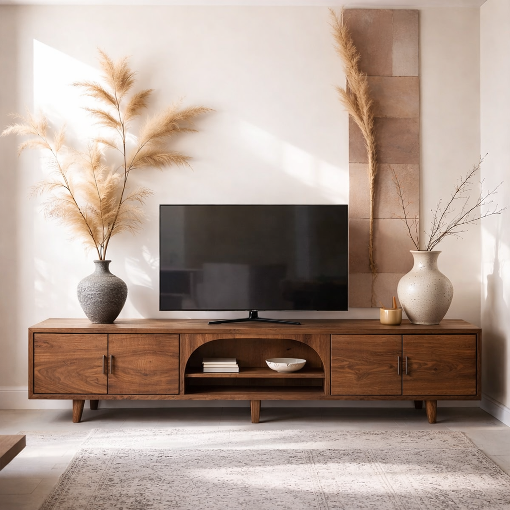 Solid Wood Media Console with Arched Shelf – Modern TV Stand with Storage