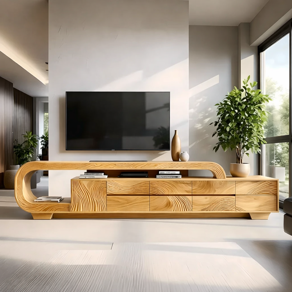 Solid Wood TV Stand Modern Walnut Media Console with Sculptural Curve Design