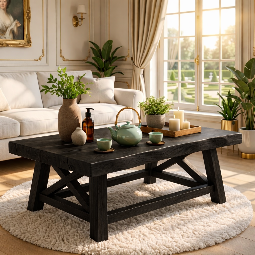 Handcrafted Wooden Coffee Table with X-Shaped Support, Natural Rustic Finish