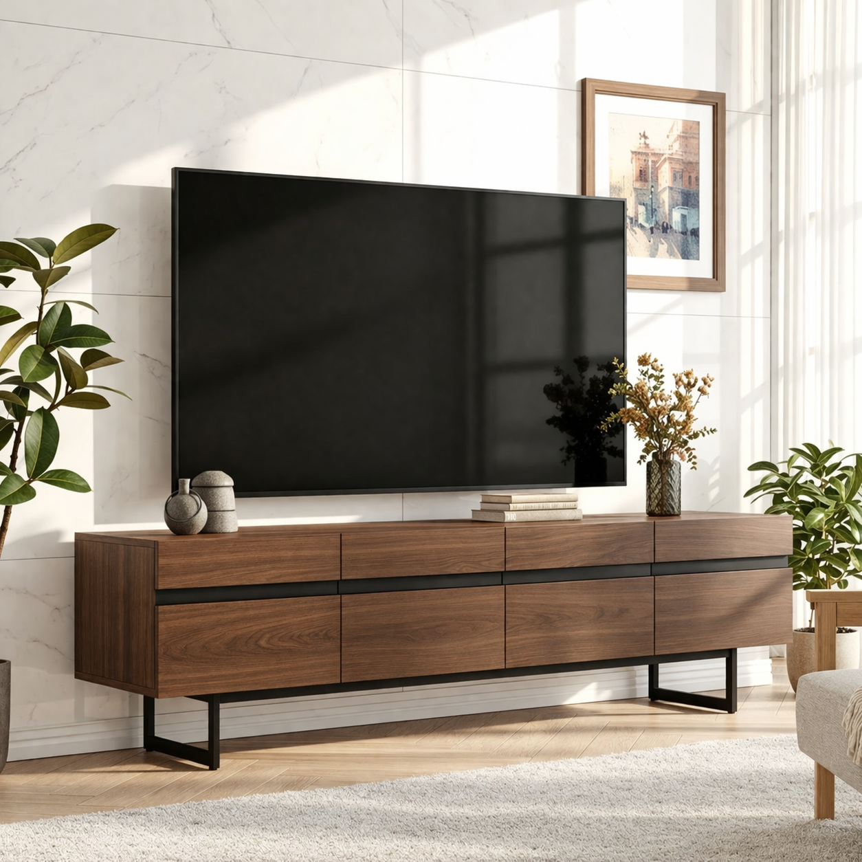 Modern Solid Wood TV Stand Long Media Console with Black Accent and Metal Legs