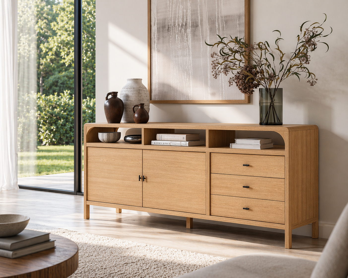 Modern Solid Wood Console Sideboard – Walnut Storage Cabinet for Living Room