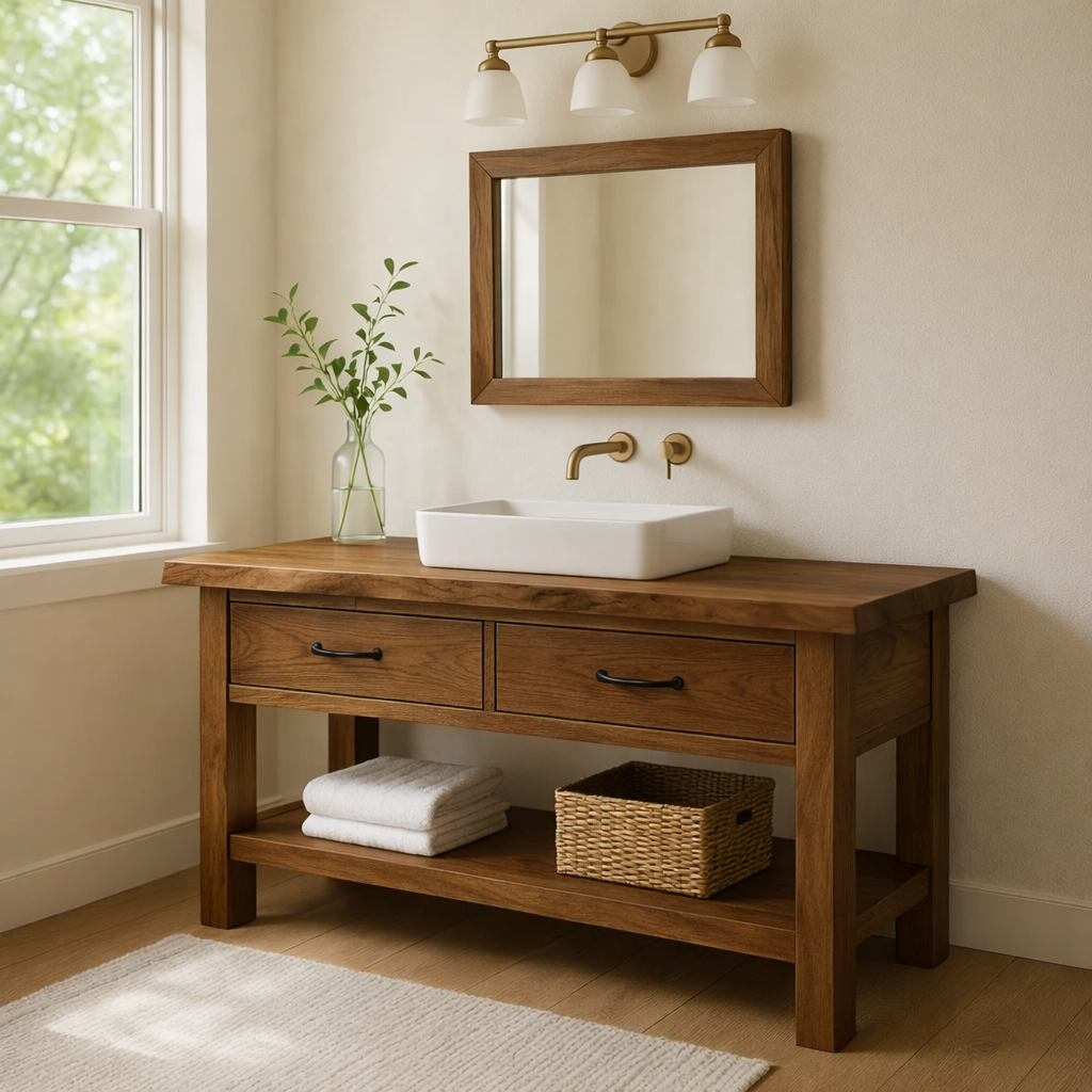 Solid Wood Bathroom Vanity with Drawers and Open Shelf Rustic Farmhouse Vanity