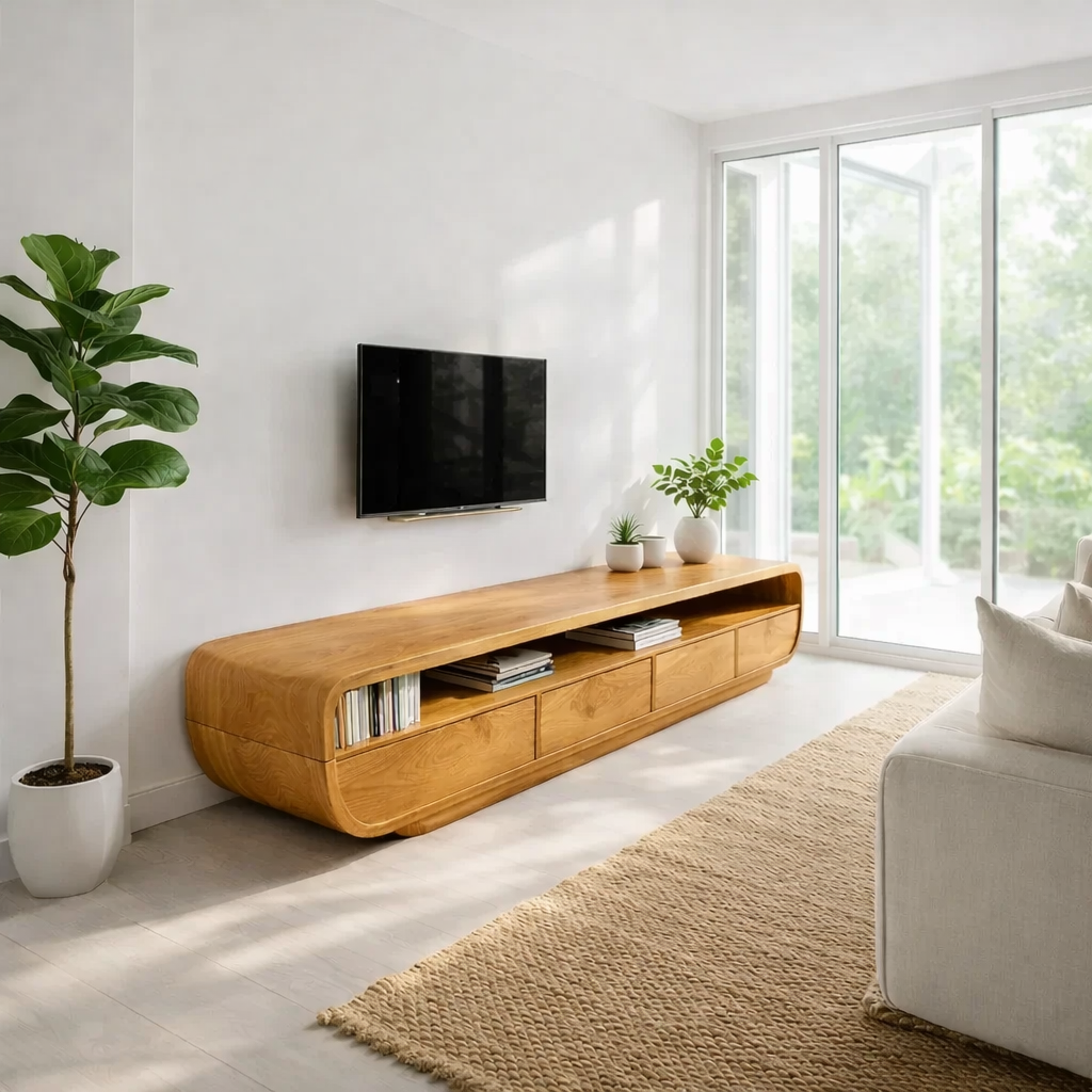 Solid Wood Media Console with Curved Edges & Drawers, Modern Low TV Stand