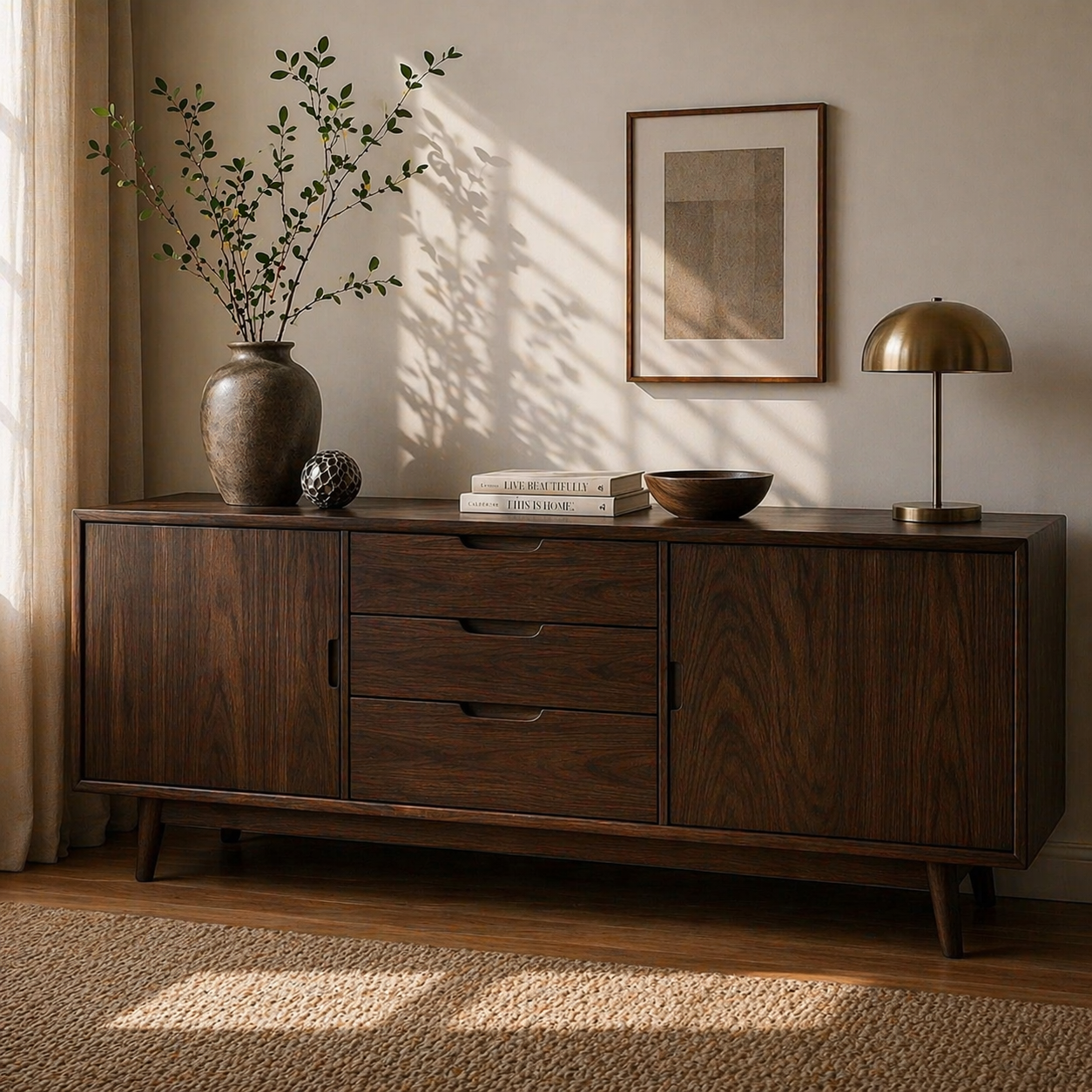 Mid Century Solid Wood Sideboard Cabinet with Drawers & Doors Storage