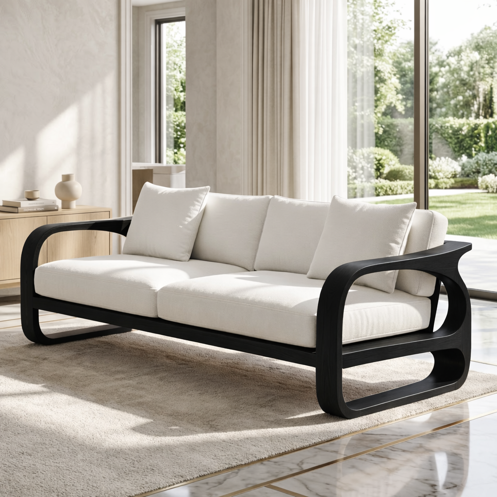Modern Sculptural Solid Wood Sofa with White Fabric Cushions Luxury Scandi Couch