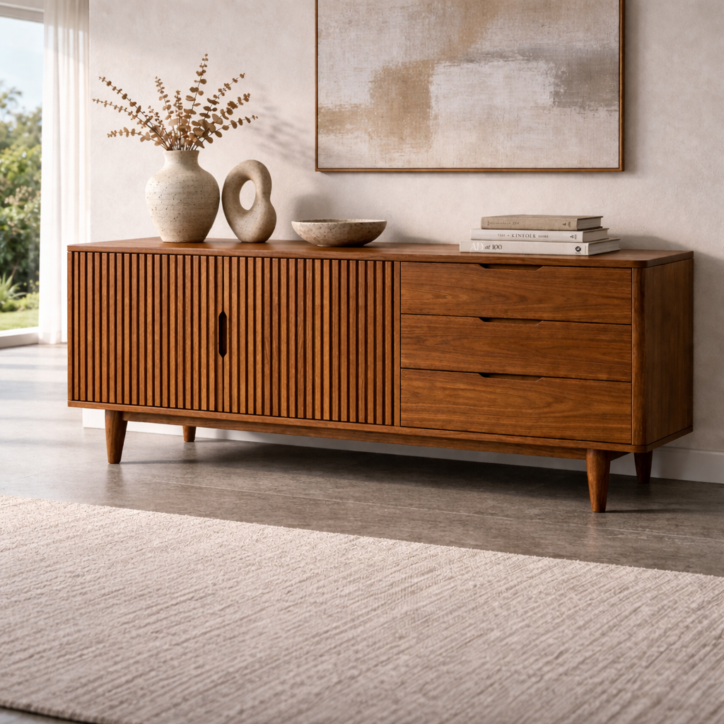 Fluted Solid Wood Console Cabinet with Drawers – Mid Century Storage Sideboard