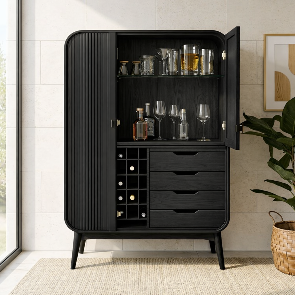 Modern Fluted Bar Cabinet with Wine Rack Drawers and Glass Display Storage
