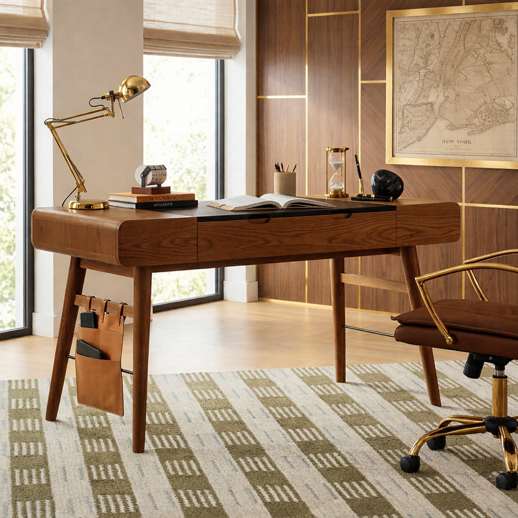 Modern Wooden Work Desk with Drawers and Storage