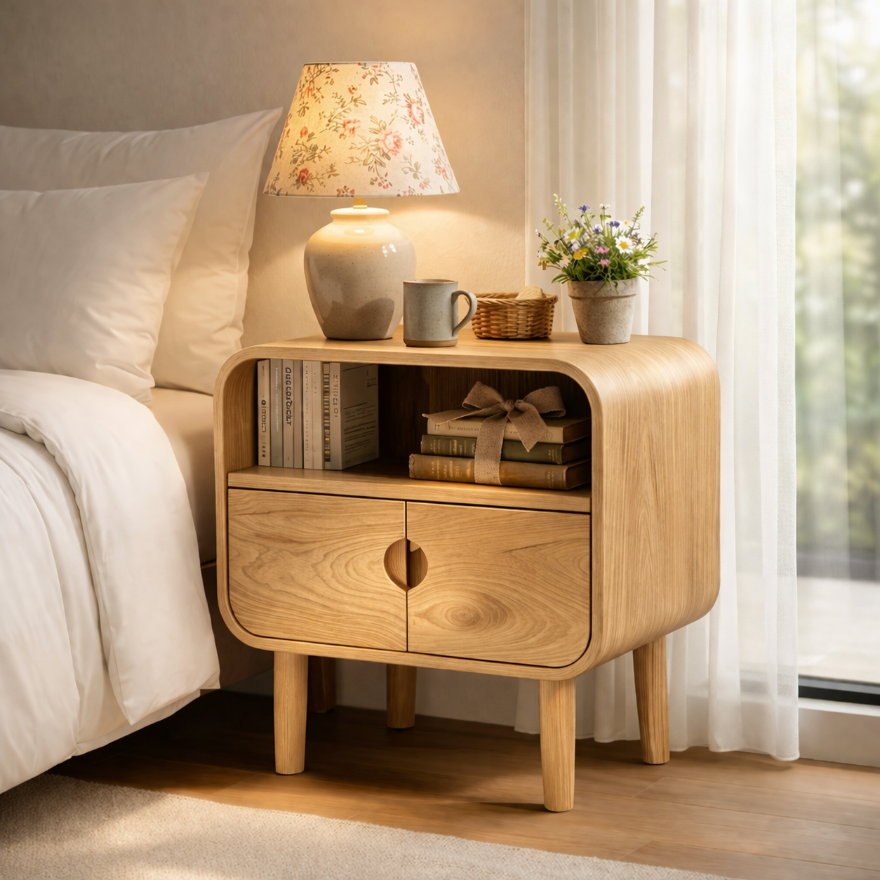 Solid Wood Nightstand with Cabinet Doors & Open Shelf – Modern Bedside Table