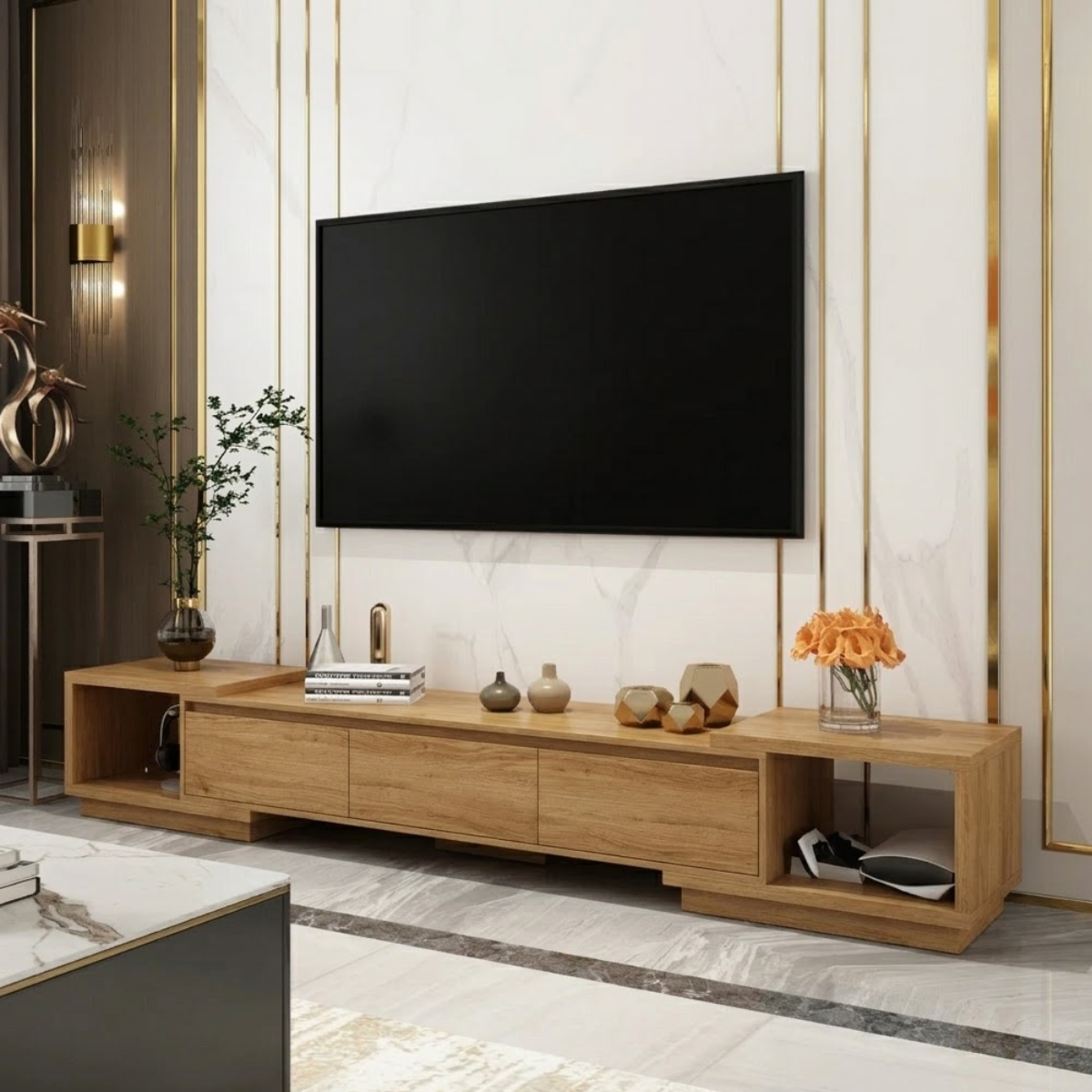 Handcrafted Solid Wood TV Stand with Storage Shelves Low Profile Media Console
