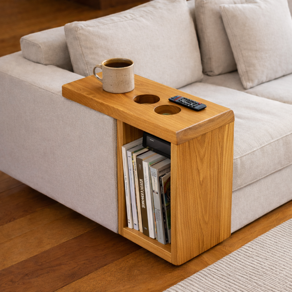 Solid Wood Sofa Armrest Table with Cup Holders – Couch Arm Tray with Storage