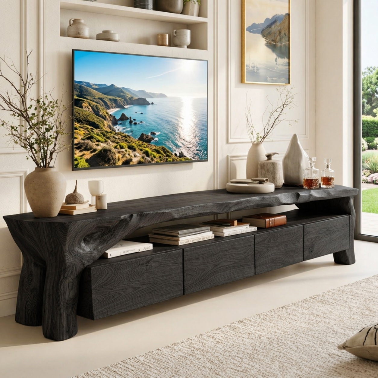 Rustic Live Edge Entertainment Console, Organic TV Stand for Sophisticated Interiors