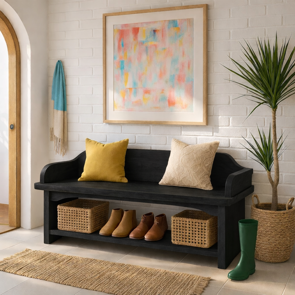 Solid Wood Entryway Bench with Armrests and Shoe Shelf Storage